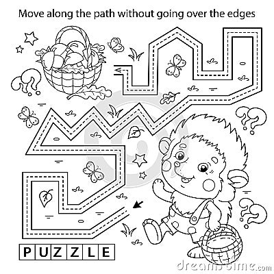 Handwriting practice sheet. Simple educational game or maze. Coloring Page Outline Of cartoon little hedgehog with basket of Vector Illustration