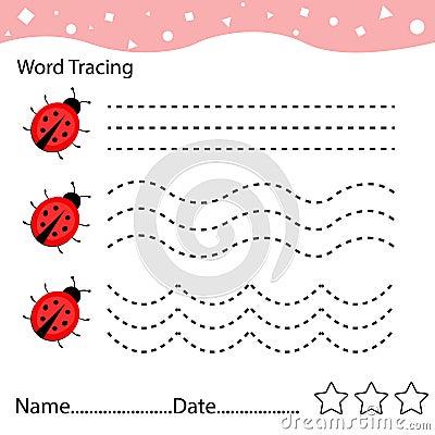 Handwriting practices with ladybug. Children`s cartoon tasks learning to write with ladybug. Cartoon Illustration