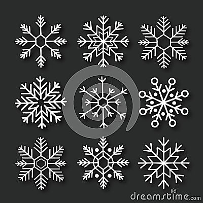 Handwriting snowflake collection isolated on black background. Flat snow icon, snow flakes silhouette. Snowflakes for christmas Vector Illustration