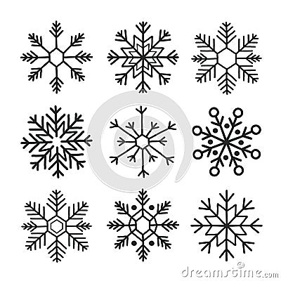 Handwriting snowflake collection isolated on white background. Flat snow icon, snow flakes silhouette. Snowflakes for christmas Vector Illustration