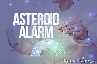 Handwriting text Asteroid Alarm. Word for warning to prepare the cities in a space rock s is flight path Lady In Uniform Stock Photo