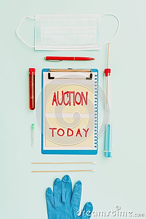 Text sign showing Auction. Business concept Public sale Goods or Property sold to highest bidder Purchase Writing Stock Photo
