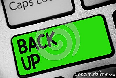 Handwriting text Back Up. Concept meaning saving important data into internet cloud and restore them later Keyboard green key Inte Stock Photo