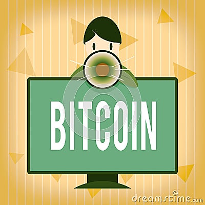 Handwriting text Bitcoin. Concept meaning Cryptocurrency Blockchain Digital currency Tradeable token Man Standing Behind mounted Stock Photo