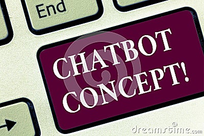 Handwriting text Chatbot Concept. Concept meaning Virtual assistant artificial intelligence online help Keyboard key Intention to Stock Photo