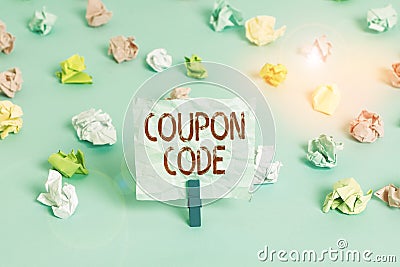 Handwriting text Coupon Code. Concept meaning ticket or document that can be redeemed for a financial discount Colored crumpled Stock Photo