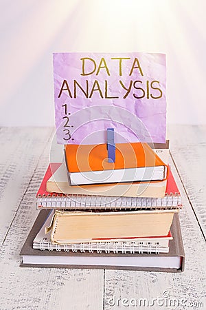 Handwriting text Data Analysis. Concept meaning Translate numbers to Analytical Conclusion Forecasting pile stacked books notebook Stock Photo