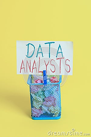 Handwriting text Data Analysts. Concept meaning Programmer Design and Create Report Identifies patterns Trash bin Stock Photo