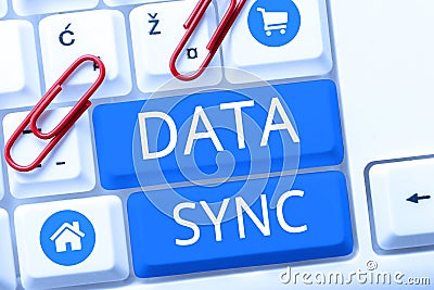 Handwriting text Data Sync. Business approach data that is continuously generated by different sources Stock Photo