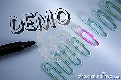 Handwriting text Demo. Concept meaning Demonstration of products by software companies are displayed annually written on Plain Blu Stock Photo