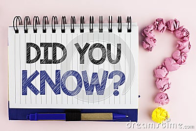 Handwriting text Did You Know Question. Concept meaning asking about facts of informations Trivia Competition written on Notebook Stock Photo