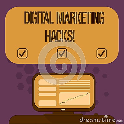 Handwriting text Digital Marketing Hacks. Concept meaning Using skills or system hacking to generate leads Mounted Stock Photo