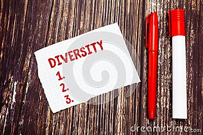 Handwriting text Diversity. Concept meaning state of being diverse range different things miscellany mixture Blank Torn Stock Photo