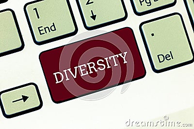 Handwriting text Diversity. Concept meaning state of being diverse range different things miscellany mixture Keyboard Stock Photo