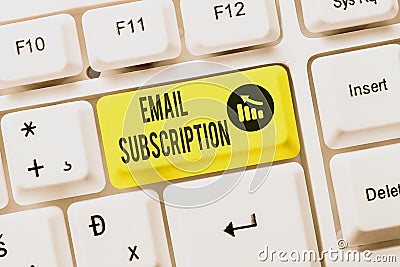 Handwriting text Email Subscription. Business overview option that allows visitors to receive updates via email Stock Photo