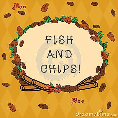 Handwriting text Fish And Chips. Concept meaning Seafood with fries typical food form United Kingdom Wreath Made of Stock Photo