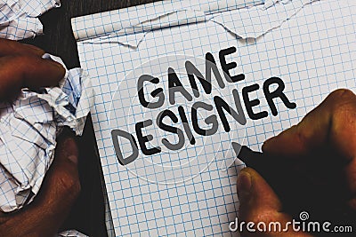 Handwriting text Game Designer. Concept meaning Campaigner Pixel Scripting Programmers Consoles 3D Graphics Man holding marker not Stock Photo