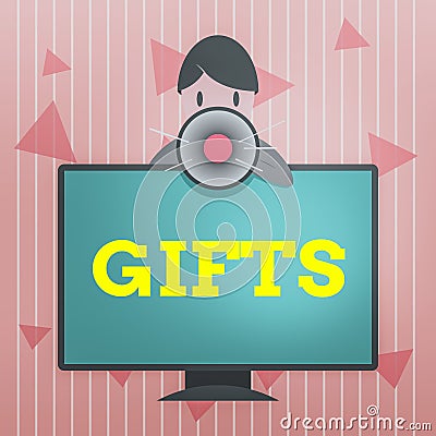 Handwriting text Gifts. Concept meaning present willingly given to someone without payment in return Man Standing Behind Stock Photo