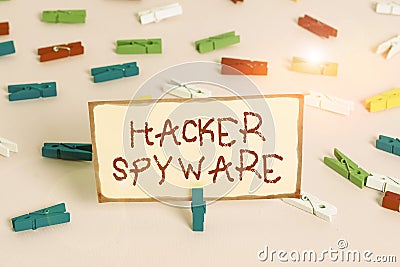 Handwriting text Hacker Spyware. Concept meaning infiltration software that secretly monitor unsuspecting user Colored clothespin Stock Photo