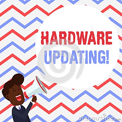 Handwriting text Hardware Updating. Concept meaning process of replacing a product with a newer version Young Man Stock Photo