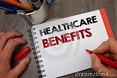 Handwriting text Healthcare Benefits. Concept meaning it is insurance that covers the medical expenses Notepad pen information ide Stock Photo