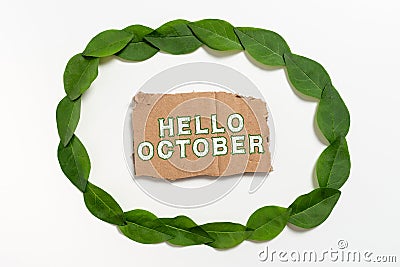 Handwriting text Hello October. Business overview Last Quarter Tenth Month 30days Season Greeting Blank Color Paper Between Leaves Stock Photo