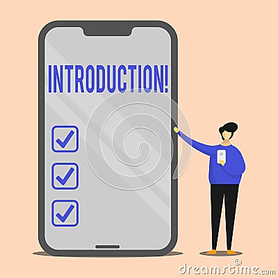 Handwriting text Introduction. Concept meaning First part of a document Formal presentation to an audience Man Stock Photo