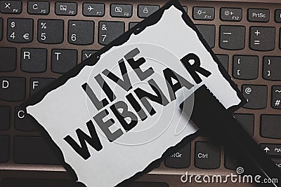 Handwriting text Live Webinar. Concept meaning Interactive seminar transmitted over the web Real Time White paper keyboard Inspira Stock Photo