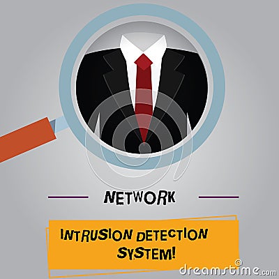 Handwriting text Network Intrusion Detection System. Concept meaning Safety security multimedia systems Magnifying Glass Stock Photo