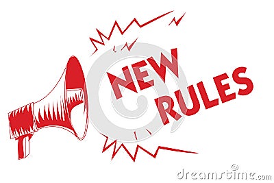 Handwriting text New Rules. Concept meaning A state of changing an iplemented policy for better upgrade Red megaphone loudspeaker Stock Photo
