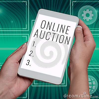 Handwriting text Online Auction. Business idea digitized sale event which item is sold to the highest bidder Stock Photo