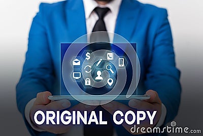 Handwriting text Original Copy. Concept meaning Main Script Unprinted Branded Patented Master List. Stock Photo