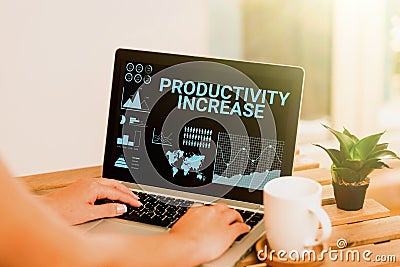 Handwriting text Productivity Increase. Business idea get more things done Output per unit of Product Input Hand Typing Stock Photo