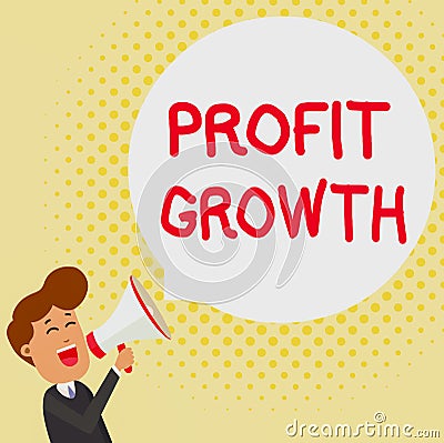 Handwriting text Profit Growth. Concept meaning Objectives Interrelation of Overall Sales Market Shares Young Man Stock Photo