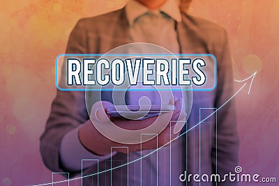 Handwriting text Recoveries. Concept meaning process of regaining possession or control of something lost Arrow symbol Stock Photo