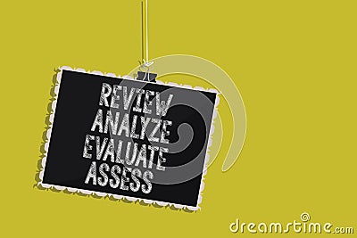 Handwriting text Review Analyze Evaluate Assess. Concept meaning Evaluation of performance feedback process Hanging blackboard mes Stock Photo