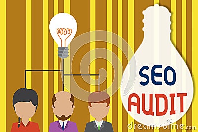 Handwriting text Seo Audit. Concept meaning Search Engine Optimization validating and verifying process Group three Stock Photo