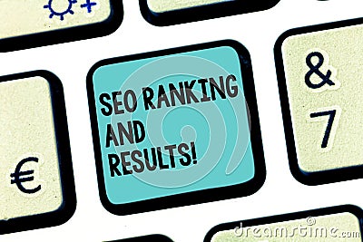 Handwriting text Seo Ranking And Results. Concept meaning Search Engine Optimization statistics analytics Keyboard key Stock Photo