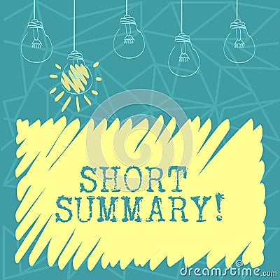 Handwriting text Short Summary. Concept meaning Brief statement of main points clear Set of Transparent Bulbs Hanging Stock Photo