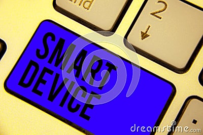 Handwriting text Smart Device. Concept meaning Electronic gadget that able to connect share interact with user Keyboard blue key I Stock Photo