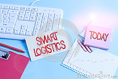 Handwriting text Smart Logistics. Concept meaning integration of intelligent technology in logistics system Paper blue desk Stock Photo