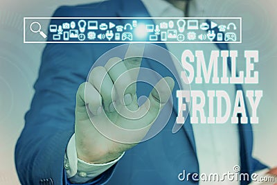 Handwriting text Smile Friday. Concept meaning used to express happiness from beginning of fresh week Male human wear Stock Photo