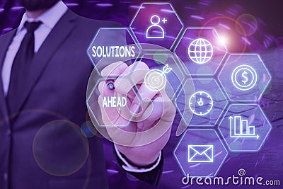 Handwriting text Solutions Ahead. Concept meaning in advance action or process of solving a problem or issue Stock Photo