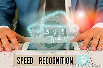 Handwriting text Speed Recognition. Concept meaning technology used to detect and recognize over speeding car. Stock Photo