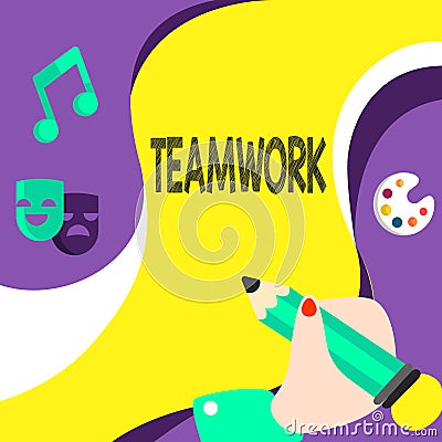 Handwriting text Teamwork. Internet Concept Group of showing who work together as one and with the same aim Hand Using Stock Photo