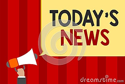 Handwriting text Today s is News. Concept meaning Latest Breaking Headlines Current Updates Trending Man holding megaphone loudspe Stock Photo