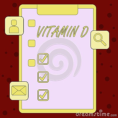 Handwriting text Vitamin D. Concept meaning Benefits of sunbeam exposure and certain fat soluble nutriments Clipboard Stock Photo