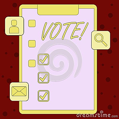 Handwriting text Vote. Concept meaning Formalized decision on important matters electing Clipboard with Tick Box and 3 Stock Photo