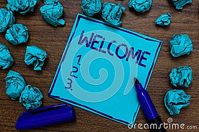 Handwriting text Welcome. Concept meaning Warm salutation acknowledgement for someone amiable loved thanked Cyan paper imagination Stock Photo