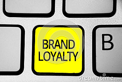 Handwriting text writing Brand Loyalty. Concept meaning Repeat Purchase Ambassador Patronage Favorite Trusted Keyboard yellow key Stock Photo